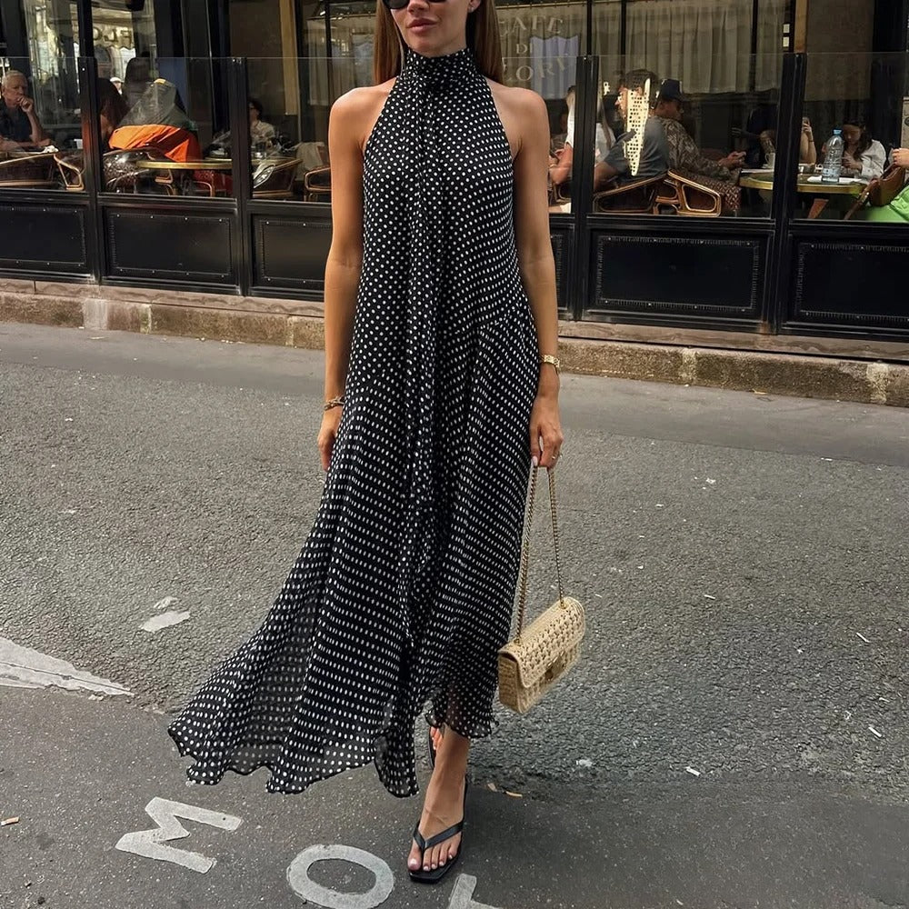 KONDALA Sexy Halter Scarf Dot Print Dress – Backless Chiffon Summer Beach Dress 2025
