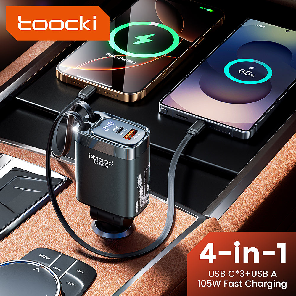 Toocki 105W 4-in-1 Car Charger – Fast Charge with Digital Display & Retractable Dual Type-C Cable