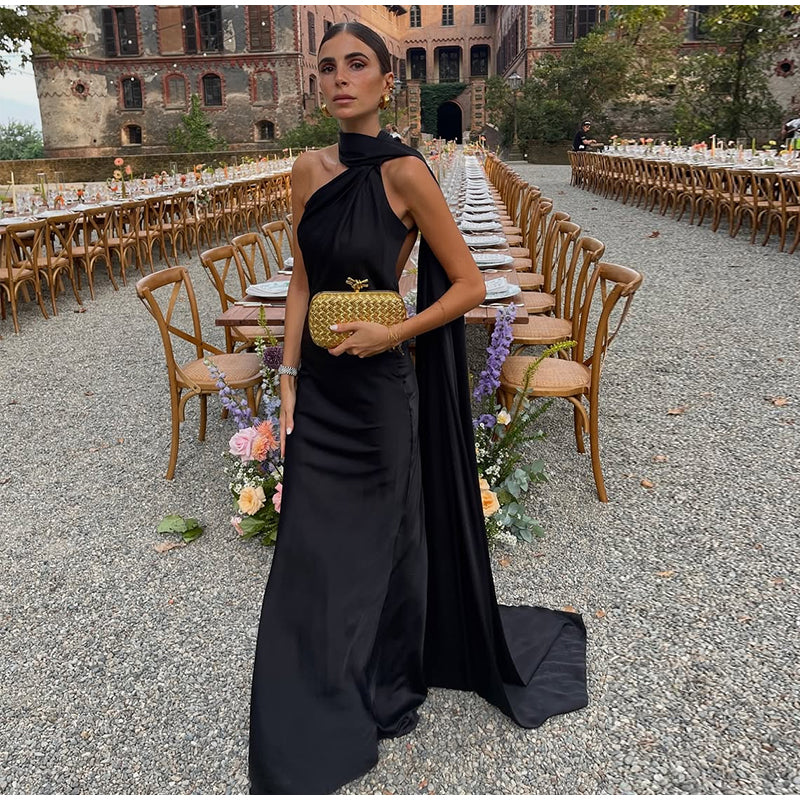 Sexy Satin Ribbon Party Dress – Elegant Halter Backless Off-Shoulder Gown for Women 2025