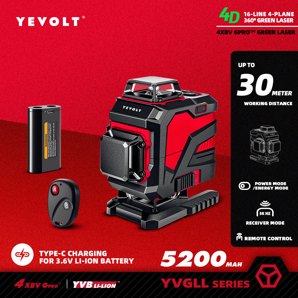 YEVOLT YVGLL4XS16 4D 360° 16-Line Laser Level
