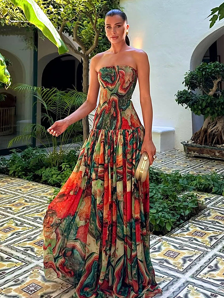 Lady Printed Strapless Dress – Elegant Colorful Pleated Long Gown for Summer 2025