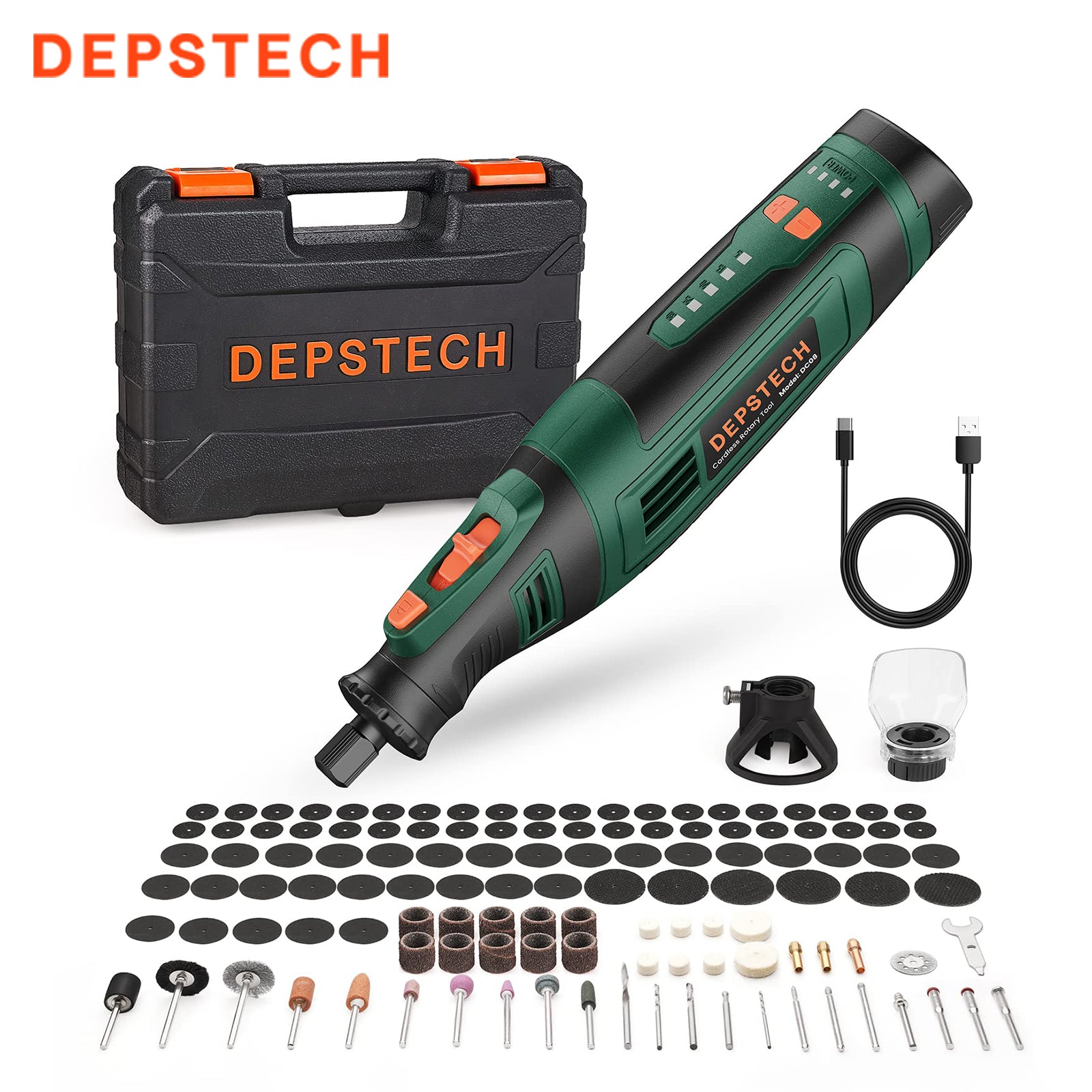DEPSTECH DC08-Green 8V Cordless Rotary Tool Kit – 127PCS Accessories with Carry Case