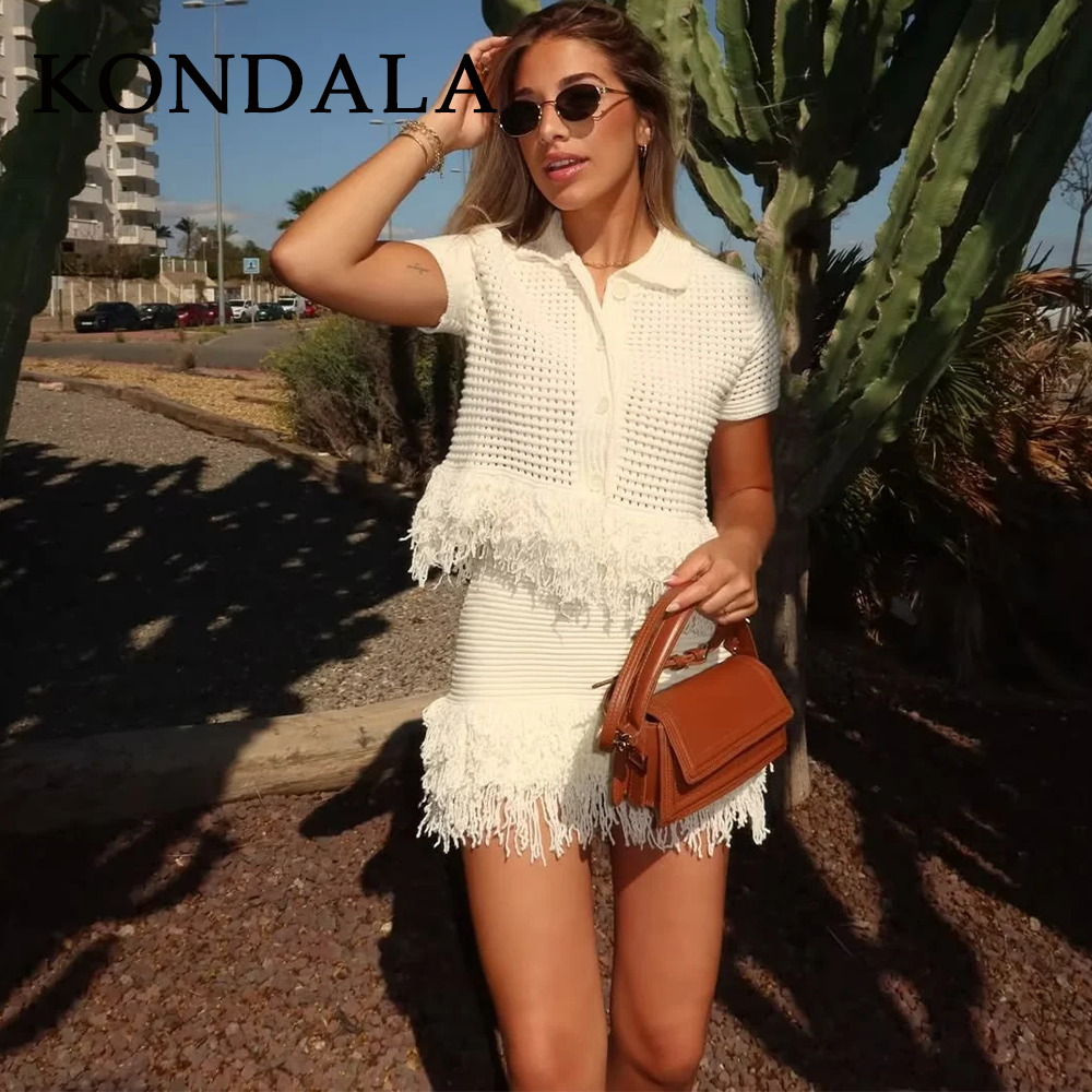KONDALA 2025 Fall/Winter Elegant Knitted Tassel Women’s Suit