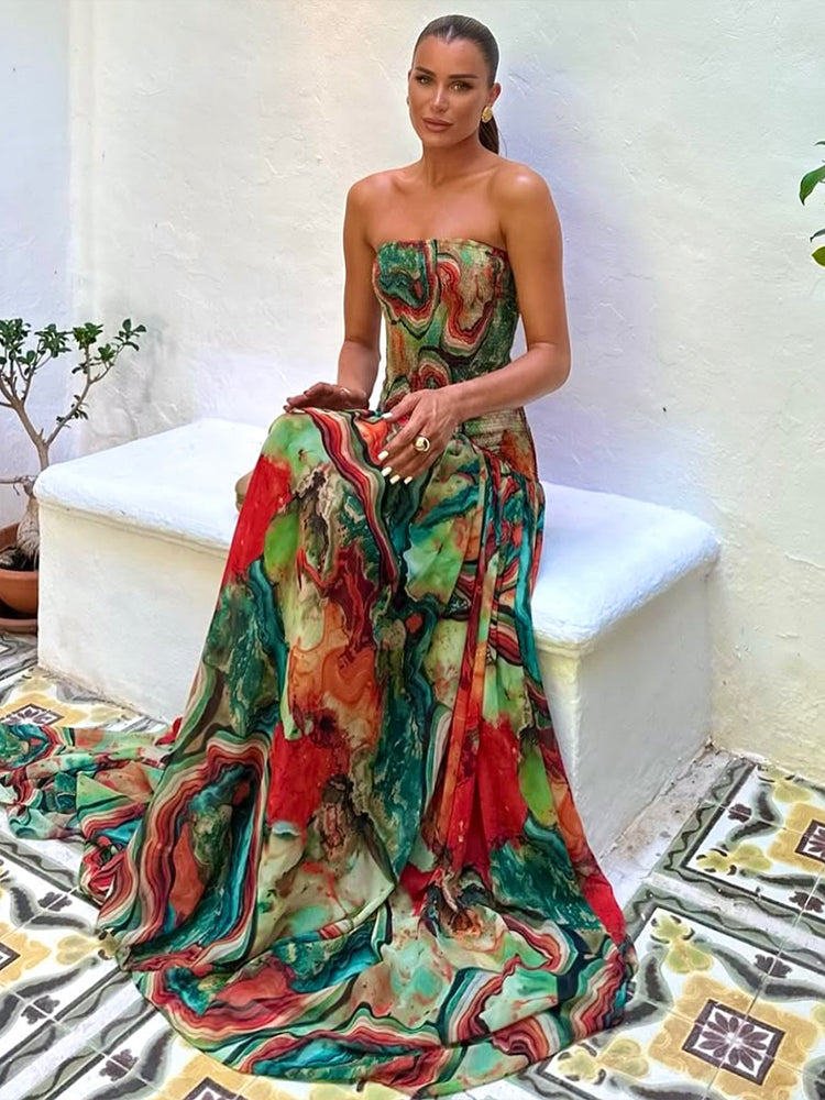 Lady Printed Strapless Dress – Elegant Colorful Pleated Long Gown for Summer 2025