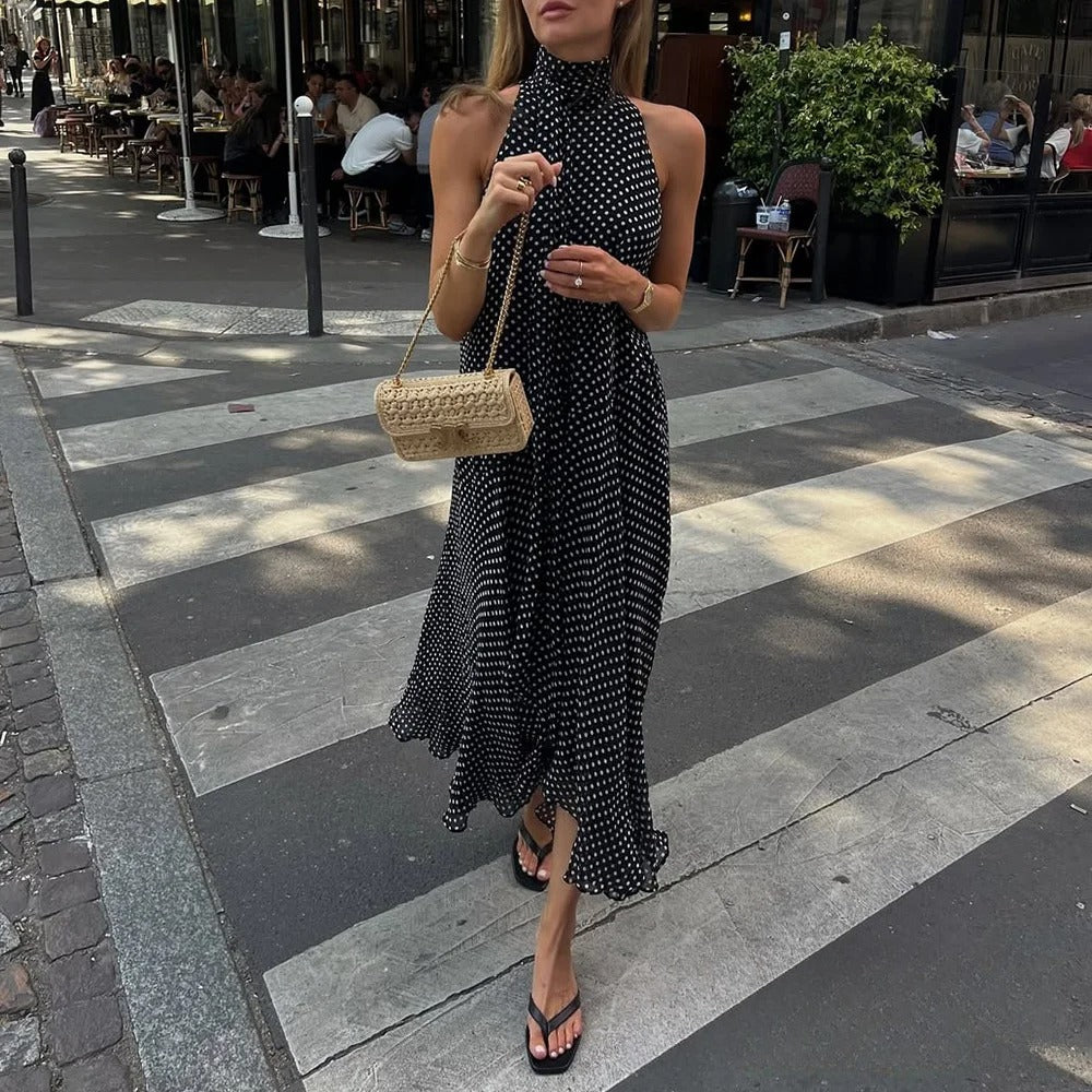 KONDALA Sexy Halter Scarf Dot Print Dress – Backless Chiffon Summer Beach Dress 2025