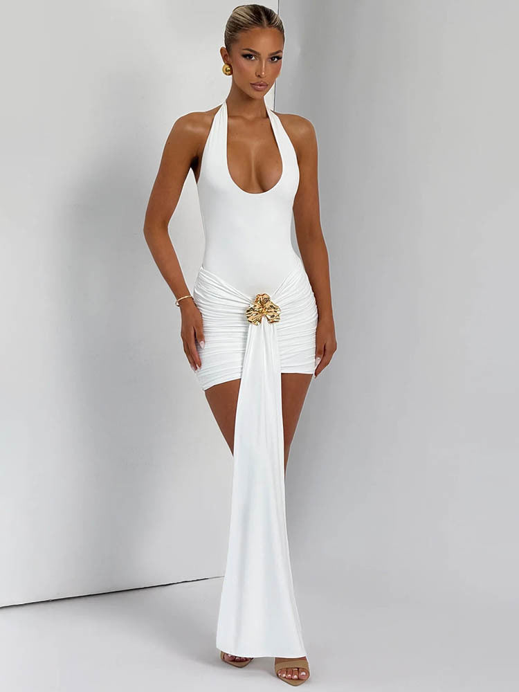 Mozision Metal Flower Draped Ruched Sexy Mini Dress