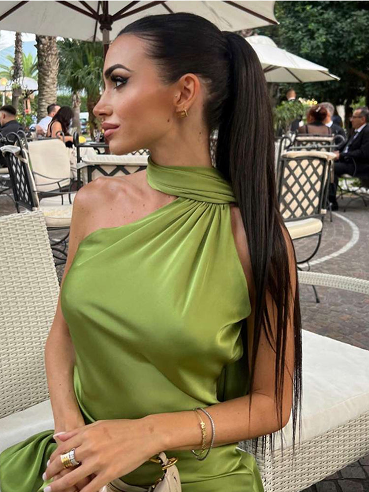 Sexy Satin Ribbon Party Dress – Elegant Halter Backless Off-Shoulder Gown for Women 2025