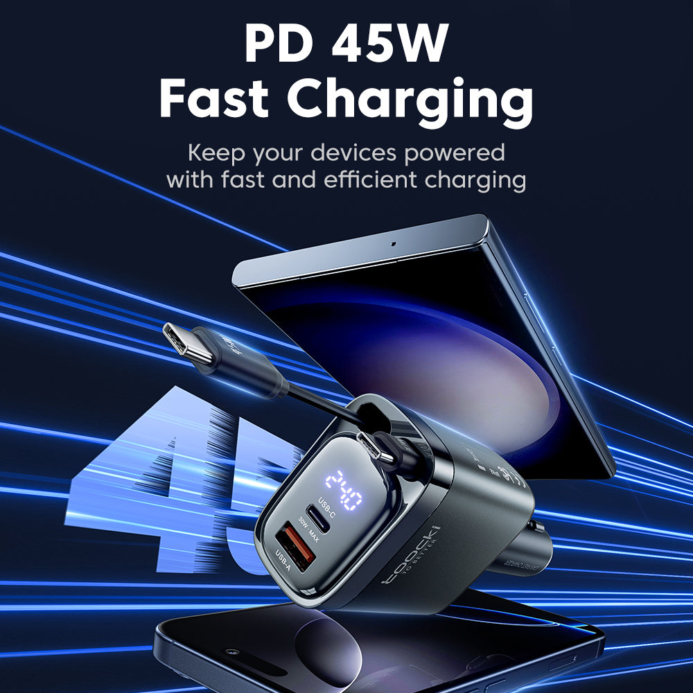 Toocki 105W 4-in-1 Car Charger – Fast Charge with Digital Display & Retractable Dual Type-C Cable