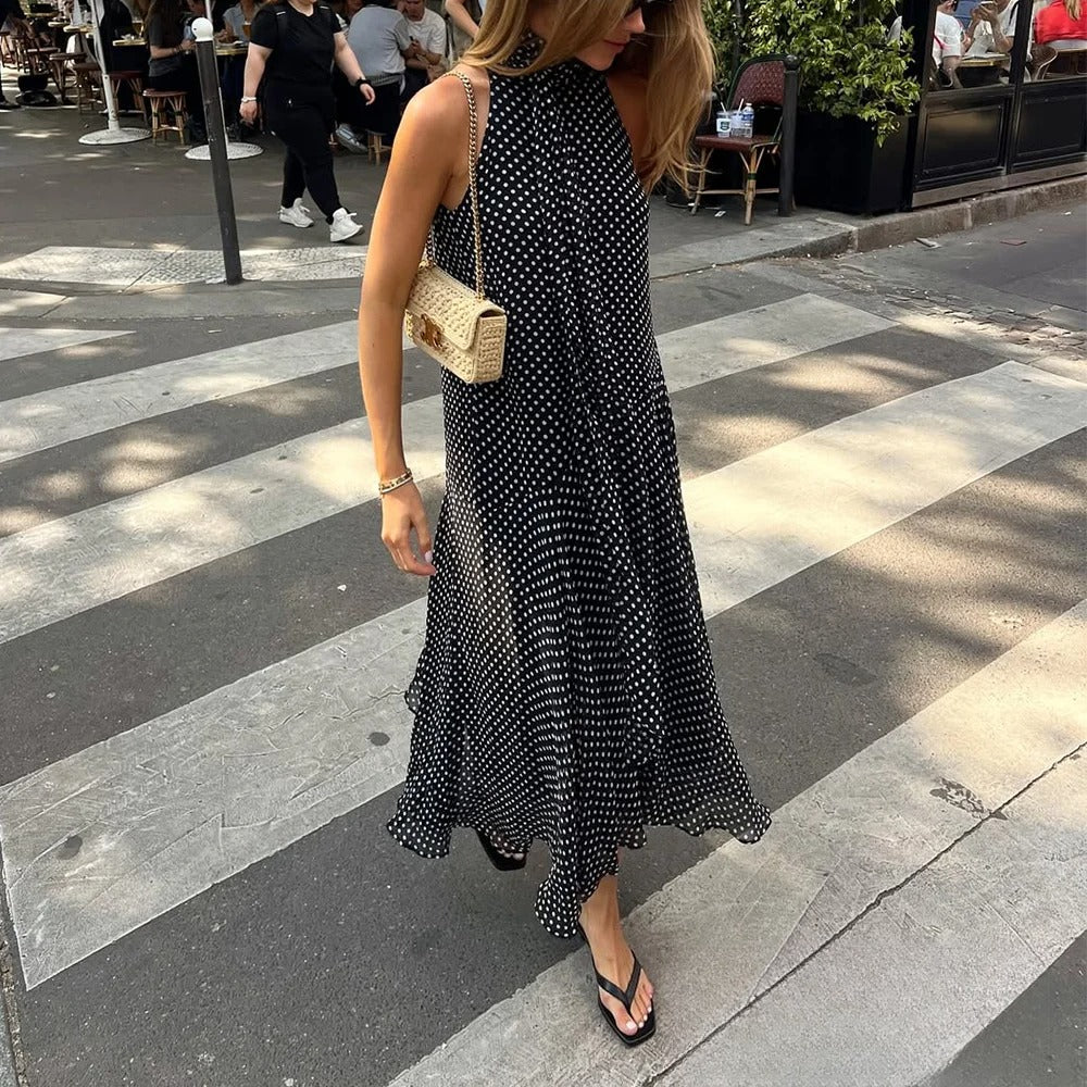KONDALA Sexy Halter Scarf Dot Print Dress – Backless Chiffon Summer Beach Dress 2025