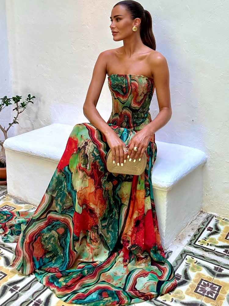 Lady Printed Strapless Dress – Elegant Colorful Pleated Long Gown for Summer 2025