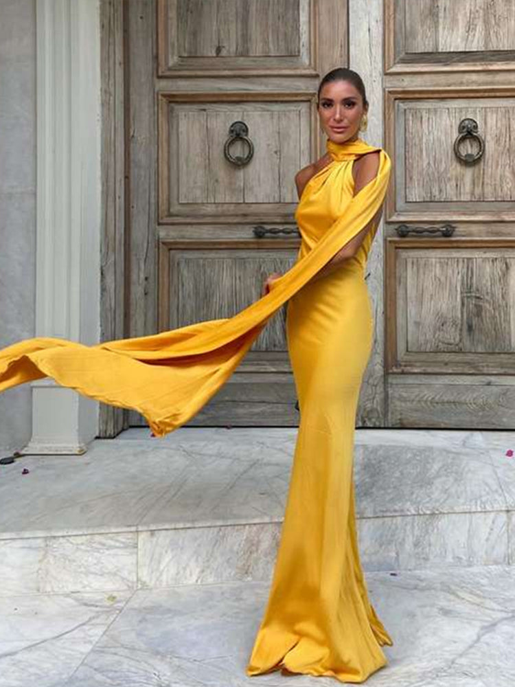 Sexy Satin Ribbon Party Dress – Elegant Halter Backless Off-Shoulder Gown for Women 2025