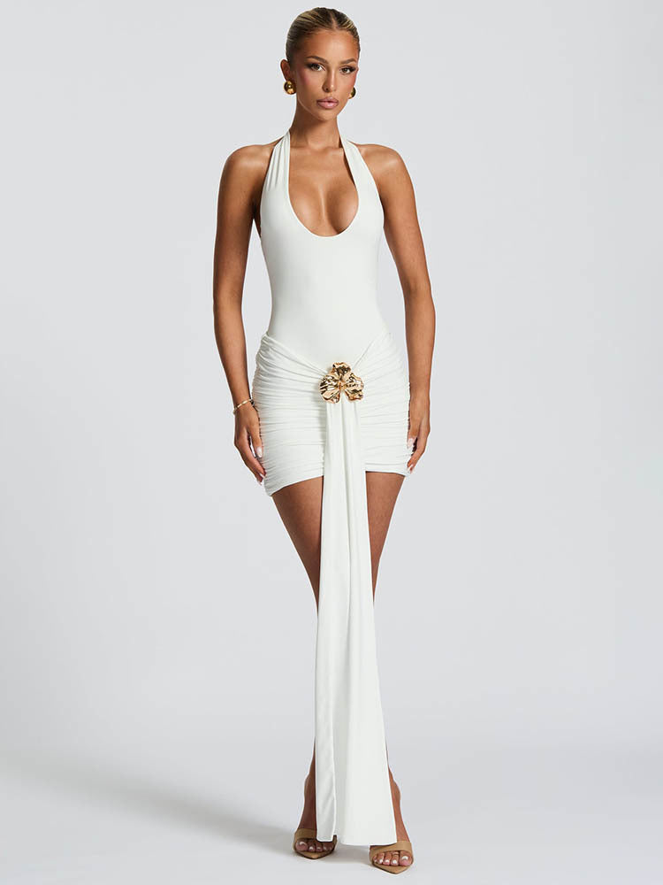Mozision Metal Flower Draped Ruched Sexy Mini Dress