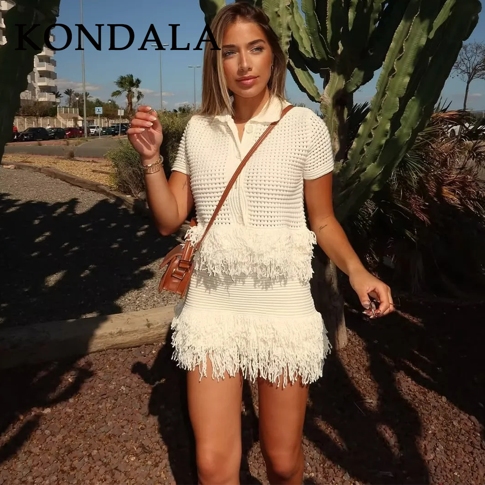 KONDALA 2025 Fall/Winter Elegant Knitted Tassel Women’s Suit