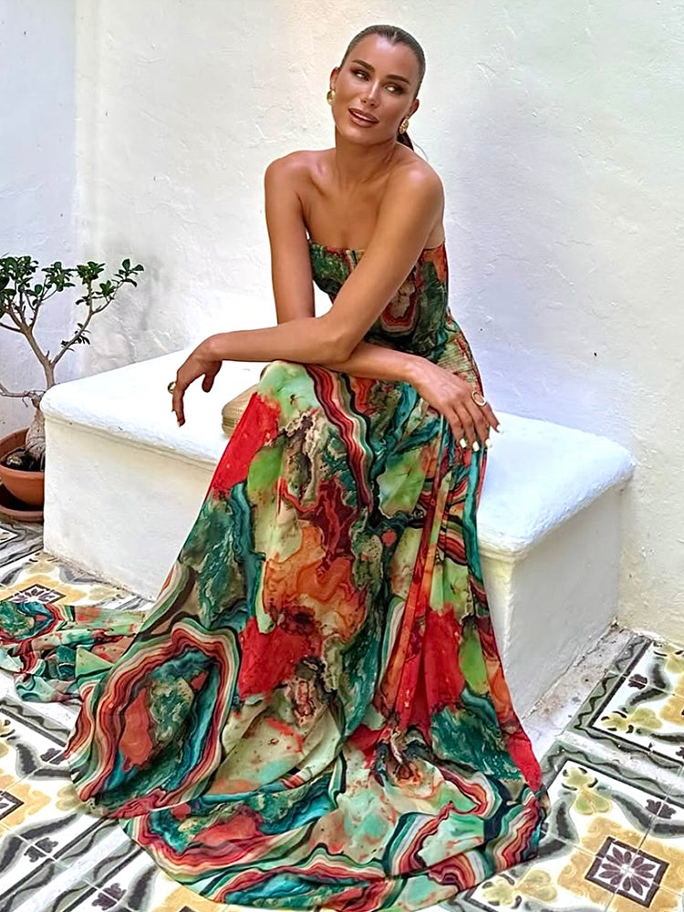 Lady Printed Strapless Dress – Elegant Colorful Pleated Long Gown for Summer 2025