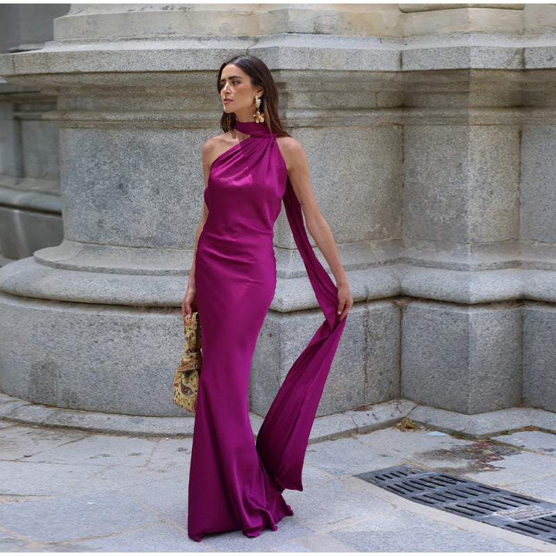 Sexy Satin Ribbon Party Dress – Elegant Halter Backless Off-Shoulder Gown for Women 2025