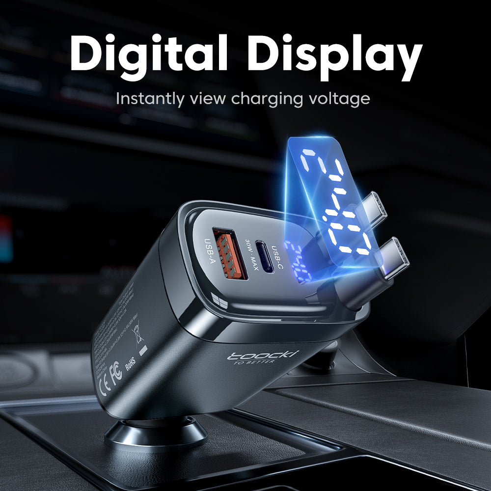 Toocki 105W 4-in-1 Car Charger – Fast Charge with Digital Display & Retractable Dual Type-C Cable