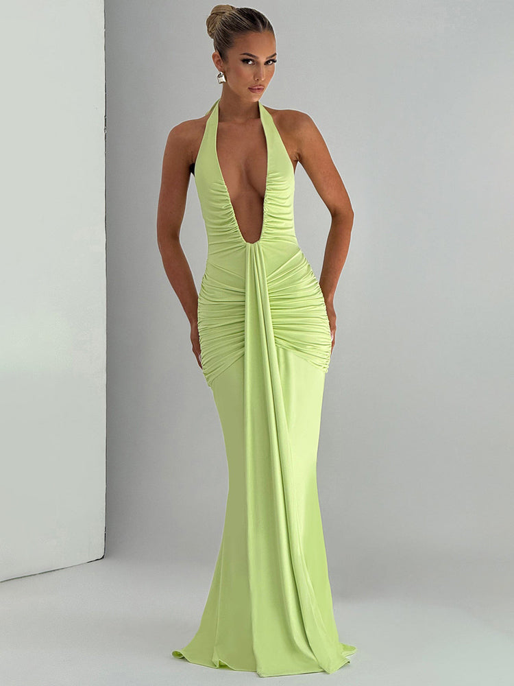 Mozision Deep V-Neck Draped Ruched Maxi Dress