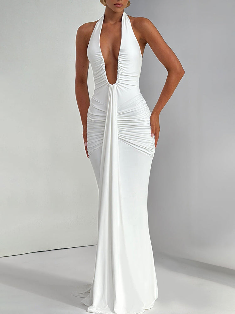 Mozision Deep V-Neck Draped Ruched Maxi Dress