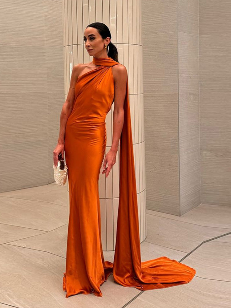 Sexy Satin Ribbon Party Dress – Elegant Halter Backless Off-Shoulder Gown for Women 2025