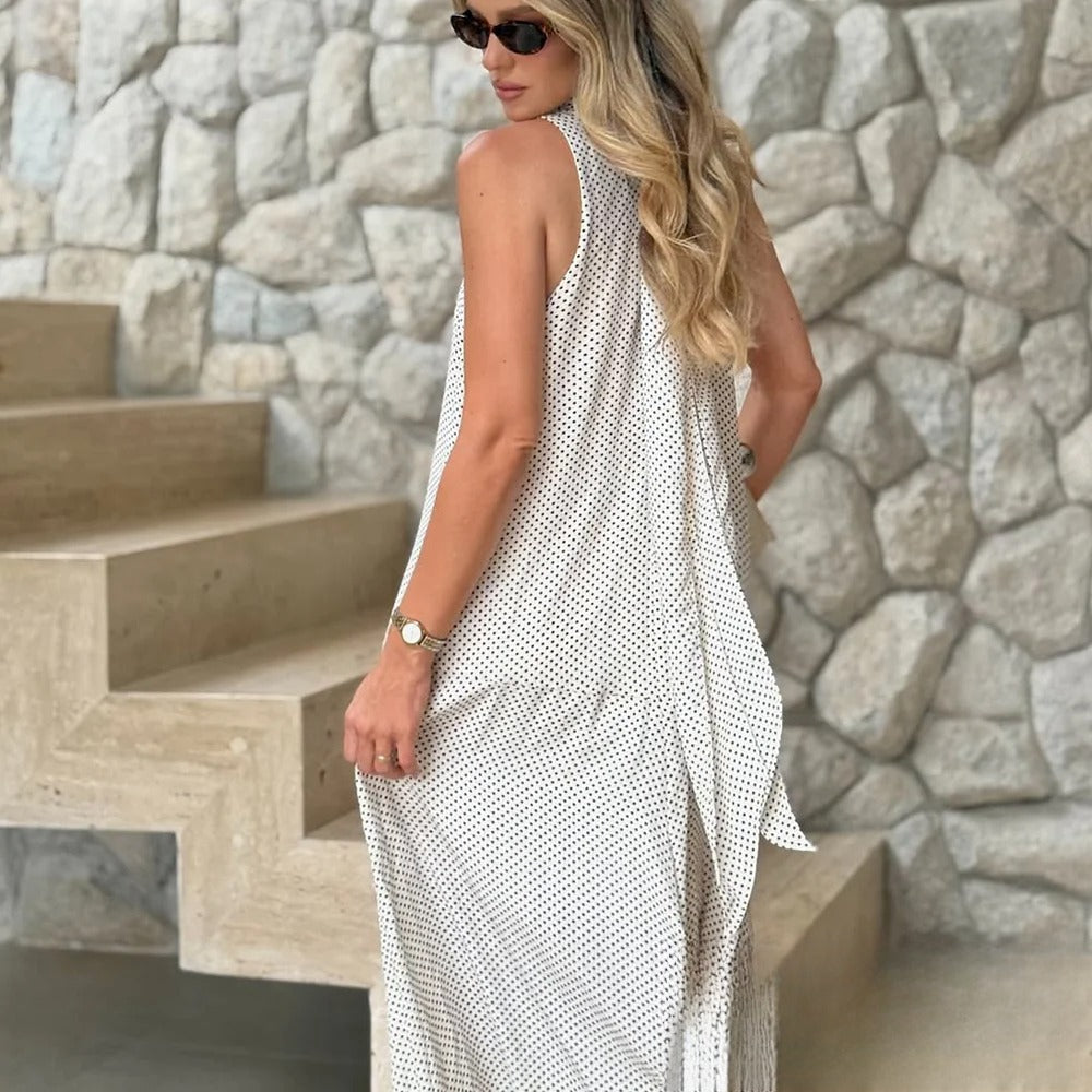 KONDALA Sexy Halter Scarf Dot Print Dress – Backless Chiffon Summer Beach Dress 2025