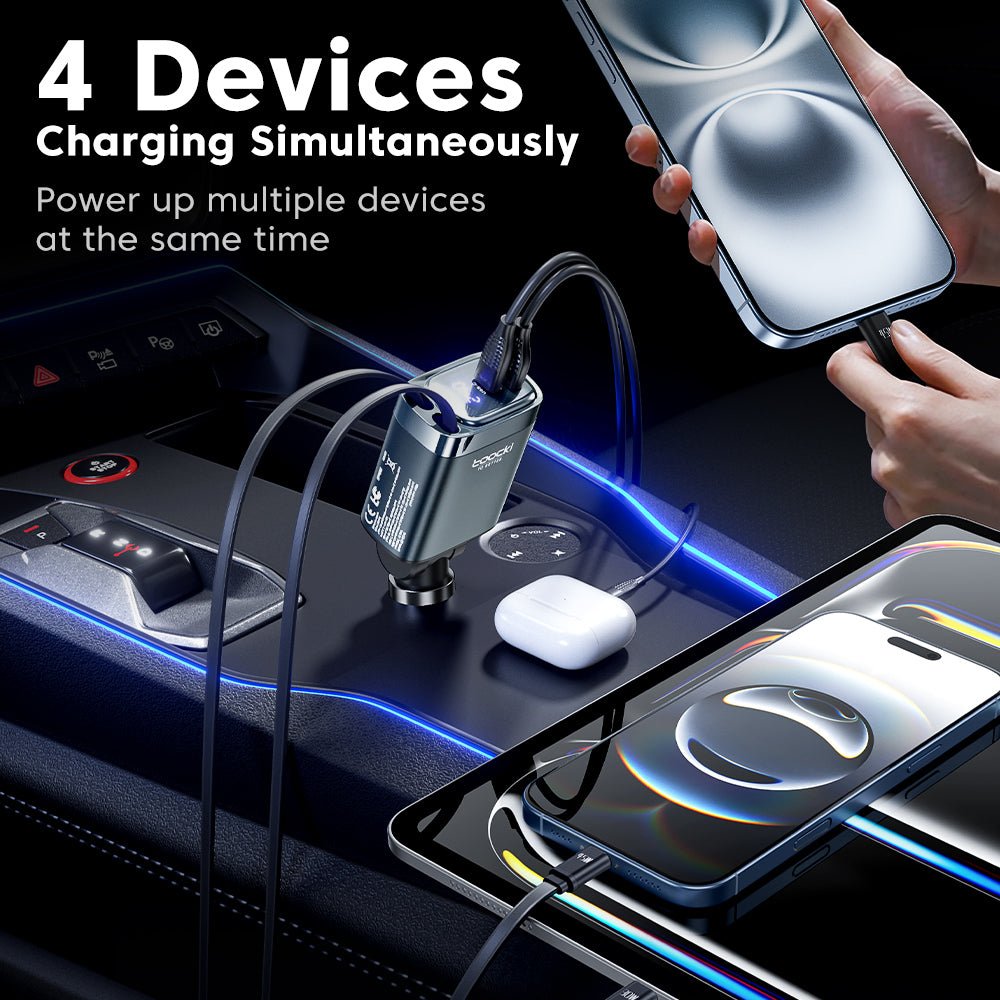 Toocki 105W 4-in-1 Car Charger – Fast Charge with Digital Display & Retractable Dual Type-C Cable