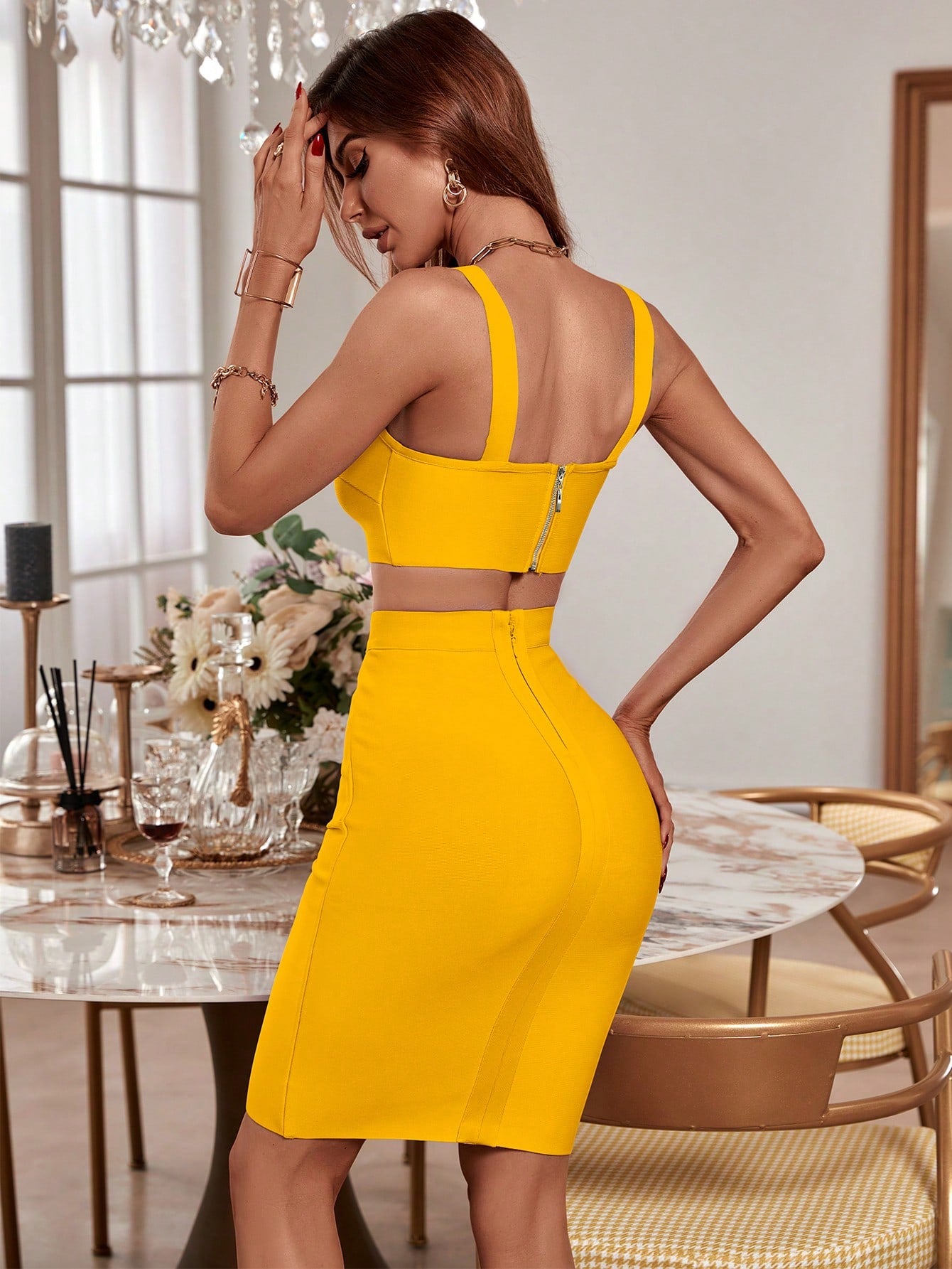 Women’s Fashion Summer Sexy Elegant Two-Piece Set – Spaghetti Strap Bodycon Top & Skirt Bandage Dress (Yellow)