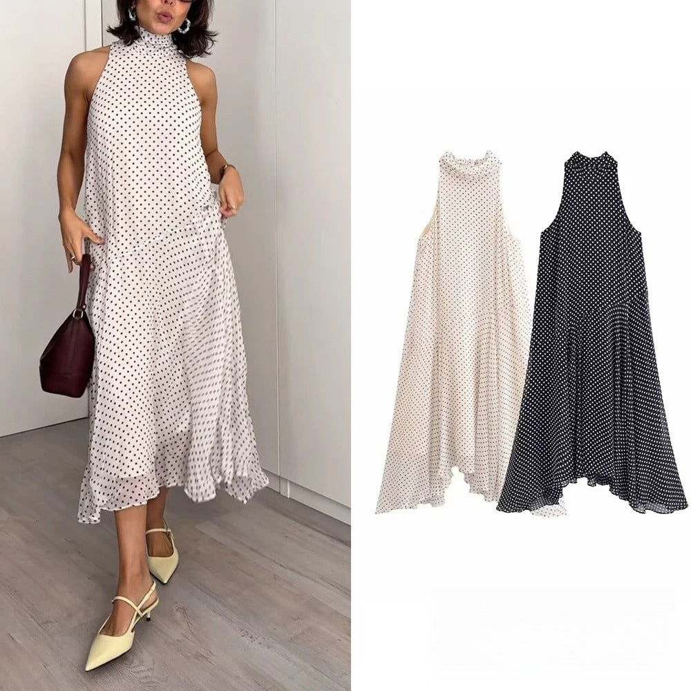 KONDALA Sexy Halter Scarf Dot Print Dress – Backless Chiffon Summer Beach Dress 2025