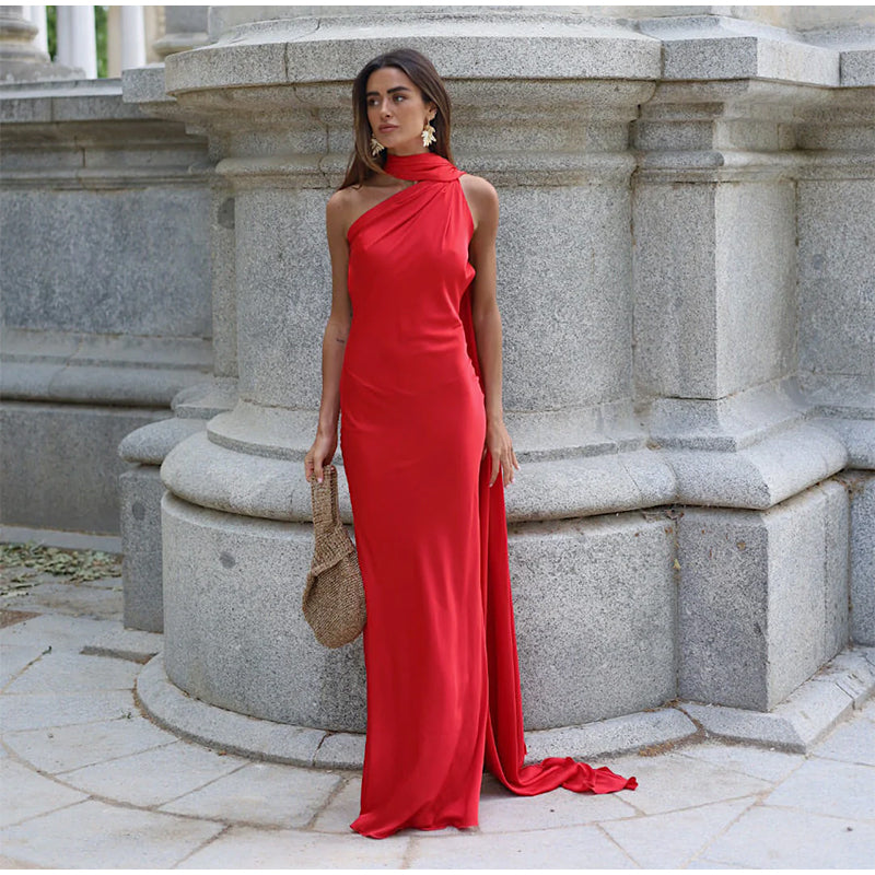 Sexy Satin Ribbon Party Dress – Elegant Halter Backless Off-Shoulder Gown for Women 2025