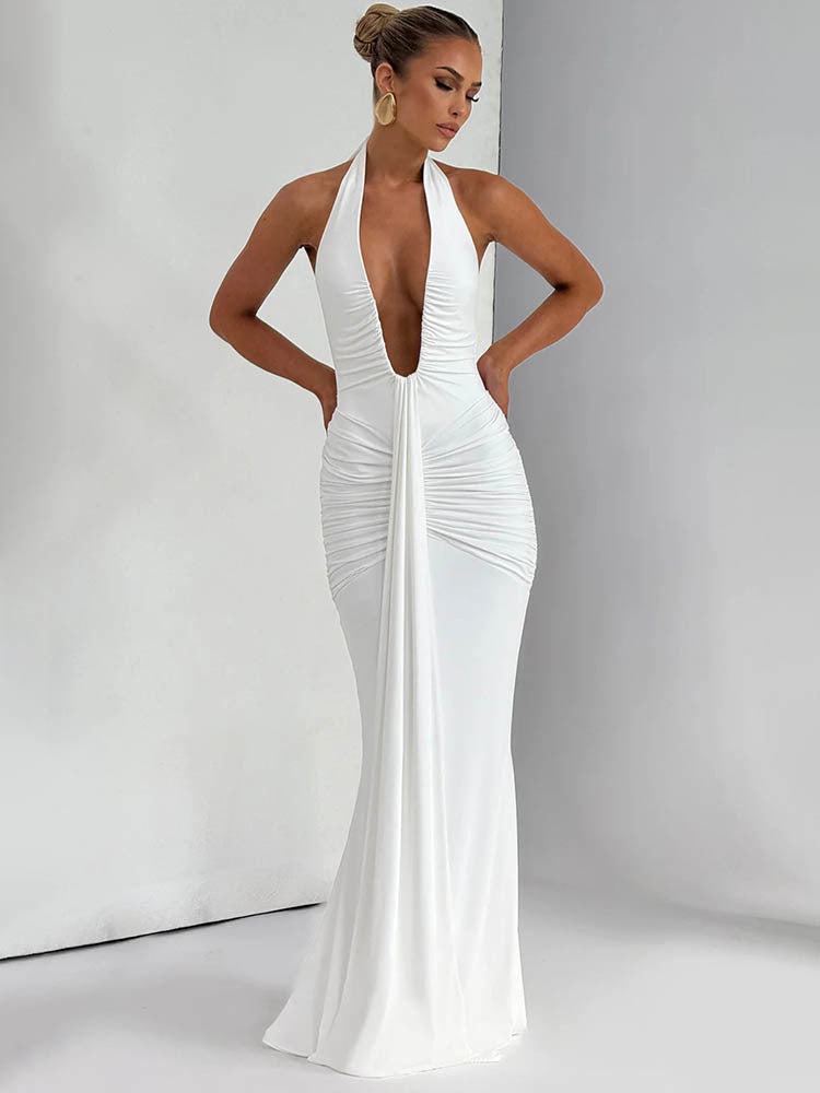 Mozision Deep V-Neck Draped Ruched Maxi Dress