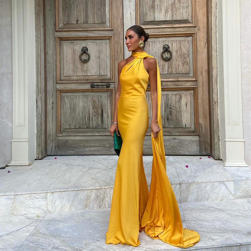 Sexy Satin Ribbon Party Dress – Elegant Halter Backless Off-Shoulder Gown for Women 2025